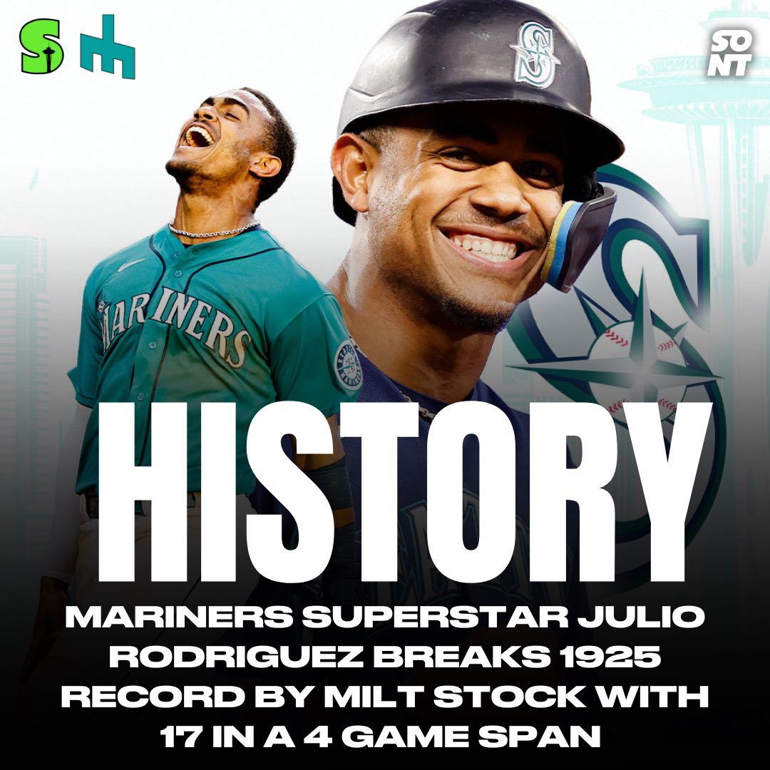 HISTORY IS MADE 🚨 

Julio Rodriguez has 17 hits in 4 games breaking the 1925 MLB record of Milt Stock who had 16. 

Mariners have a legend.