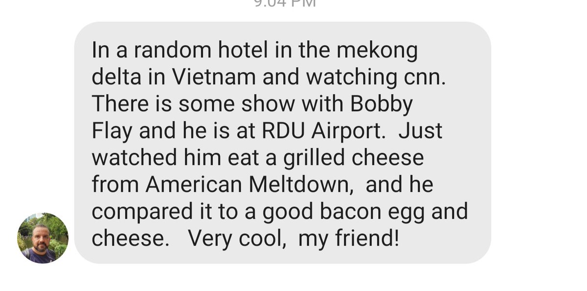 Doesn't get much better reach than this....thanks <a href="/RDUAirport/">RDU Airport</a> <a href="/reeftechnology/">REEF</a> <a href="/bflay/">Bobby Flay</a> <a href="/CNN/">CNN</a> #grilledcheese victory in #Vietnam