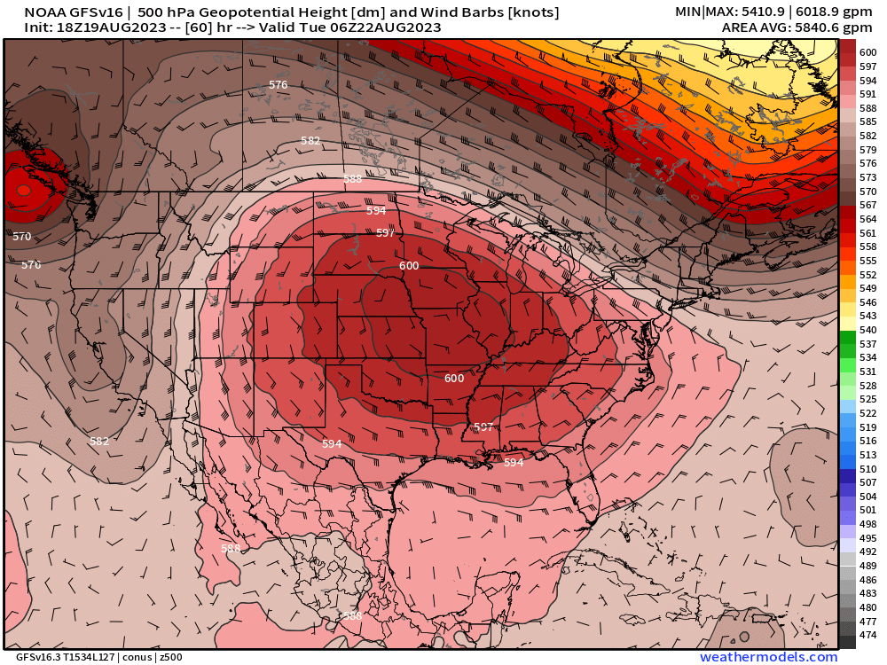 RyanWeather's tweet photo. Historic climate-induced "heat dome" will absolutely demolish records next week, peaking Thursday when 67 million Americans are forecast to see at least 100°F 📈🌡

Heat domes don't get names or categories yet.  But, this one would be Category 5. https://t.co/2z8xvYFCPu