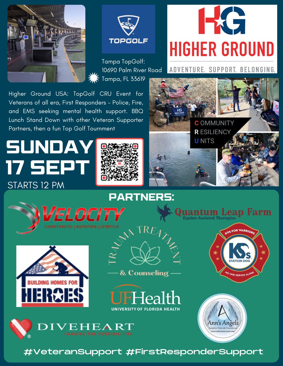 MrAnthonyCala's tweet photo. @HigherGroundUSA #CRU Tampa #Veterans #FirstResponders seeing mental health support, let's get together and eat some BBQ, and have a fun Top Golf Tournament!

#VeteranSupport #FirstResponderSupport #MentalHealthSupport #ResourceSharing #TopGolf #Army #FormerStaffSergent https://t.co/gB7VHv0FXM
