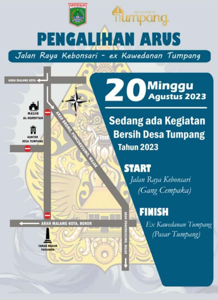 Min <a href="/infomalang/">Info Malang</a> bantu info lagi, jln protokol Tumpang masih ada giat bersih desa. Diperkirakan start mulai pukul 12.00 WIB. Monggo masyarakat yg melintas di jam tsb utk mencari jalur alternatif, utk masyarakat yg menyaksikan agar kendaraan diparkir dikantong2 parkir. Terima kasih