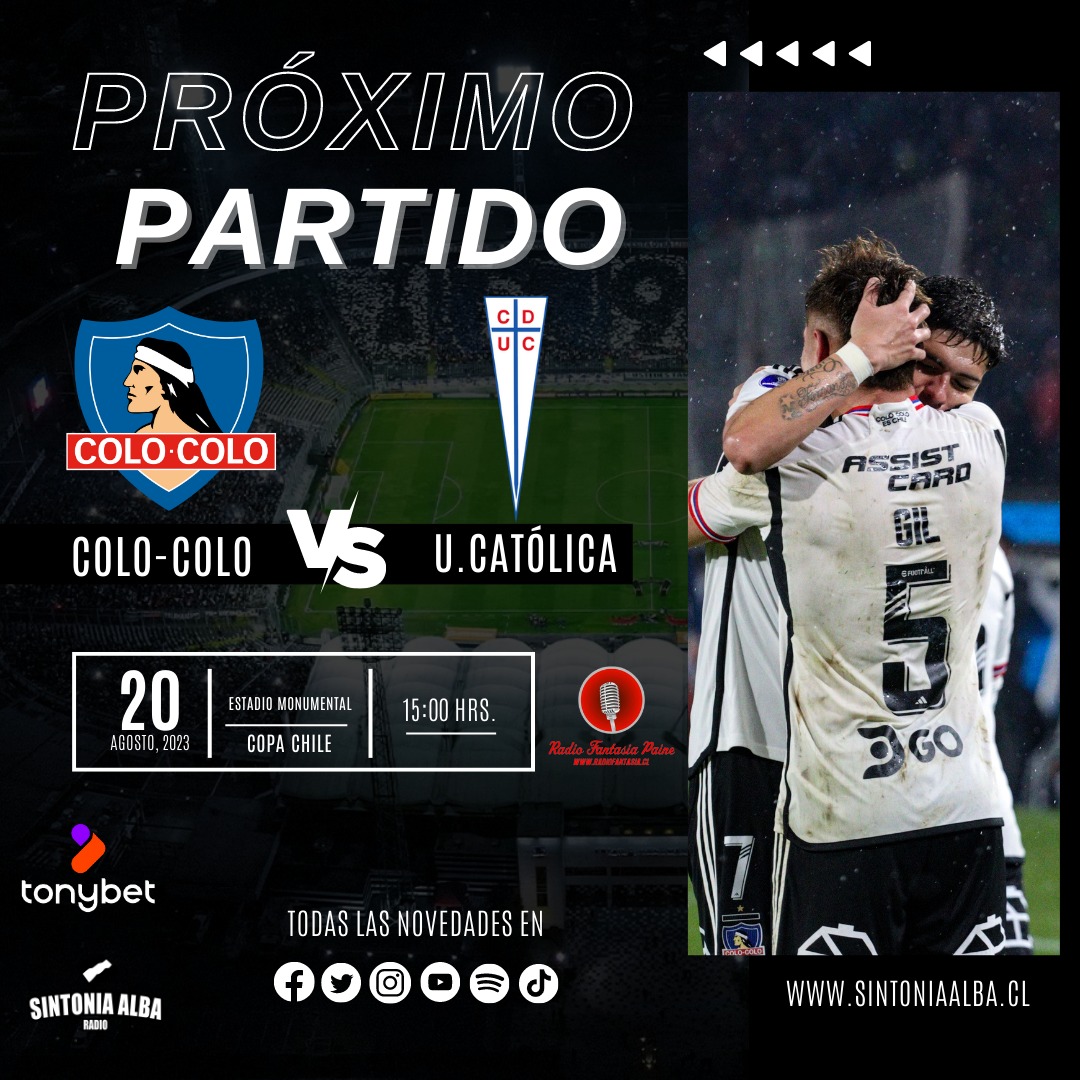 SintoniaAlba's tweet photo. Este domingo volvemos a Estadio Monumental ⚪⚫ #ColoColo ante Universidad Católica por #CopaChile 📻 En vivo por Facebook Live y YouTube, también por Radio Fantasía de Paine #VamosColoColo https://t.co/b1MbUvB95t