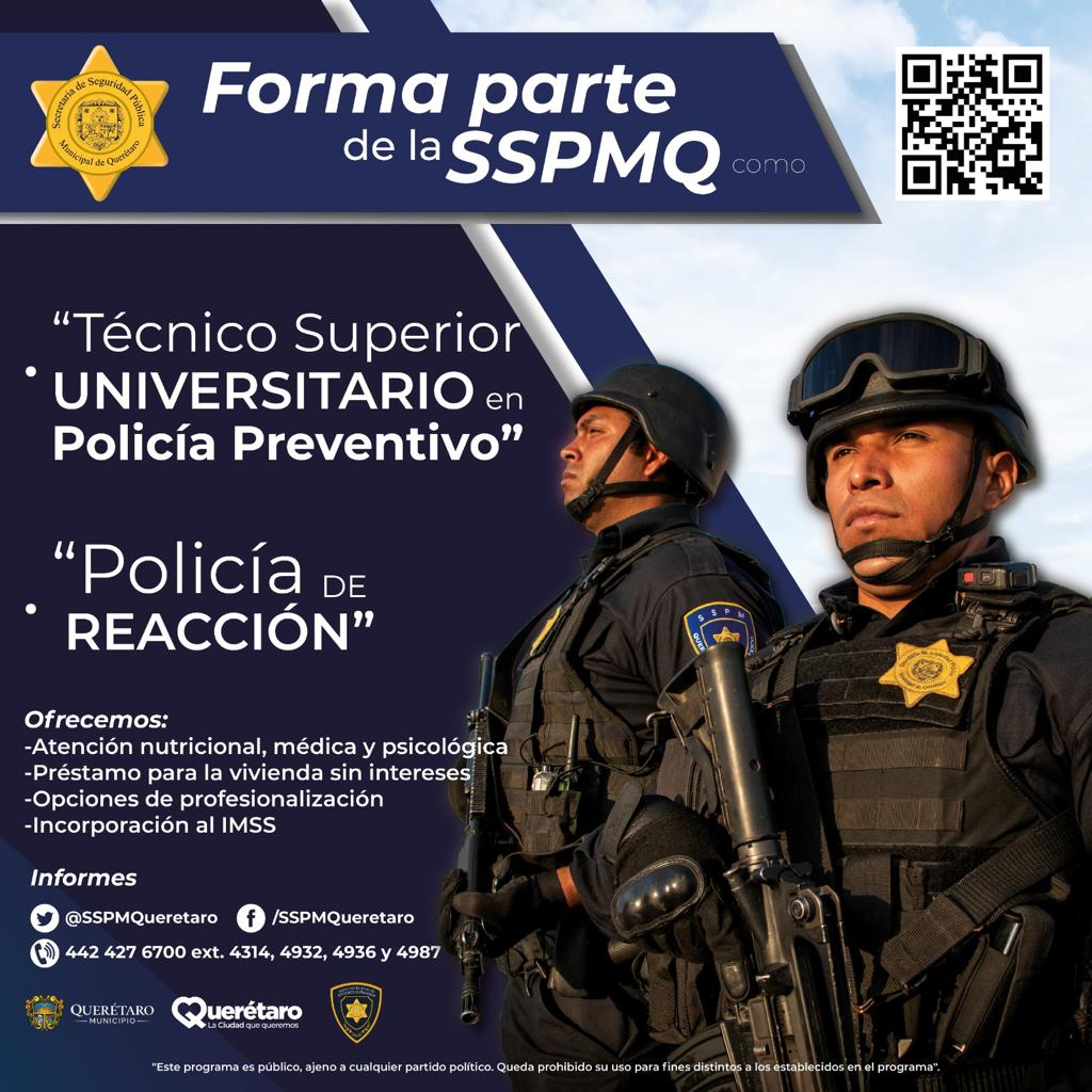 SSPMQueretaro's tweet photo. ¡Forma parte de la #SSPMQ! 🚔
¡Únete a la Policía Municipal de Querétaro! 👮🏻‍♂️👮🏻‍♀️

🗣️#ConvocatoriaAbierta para Técnico Superior Universitario en Policía Preventivo y para Policía de Reacción.

🚨 #Convocatoria extendida hasta el 25 de agosto.

📌Prerregistro: https://t.co/fJ8xX4gy2U https://t.co/TacRkl2jFI