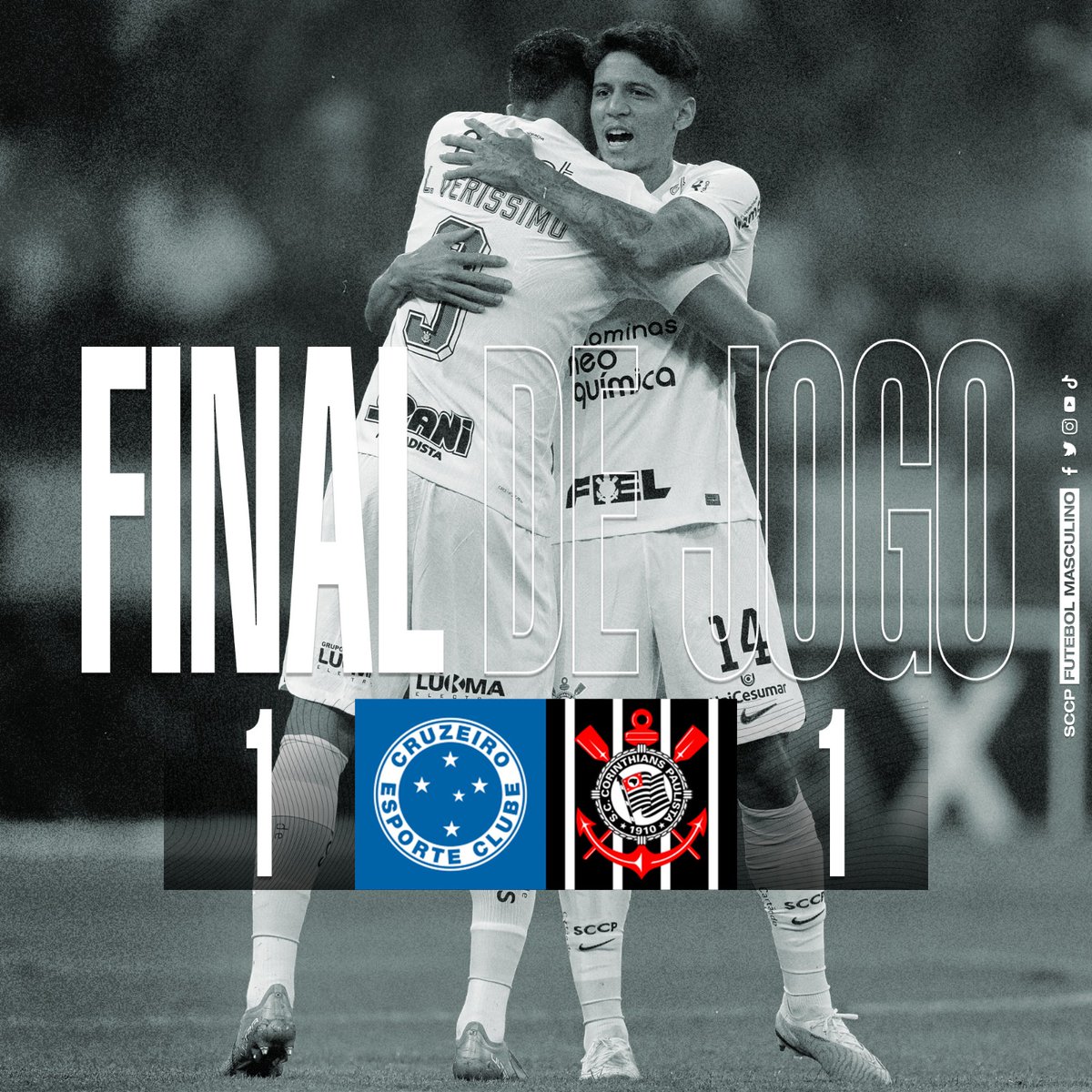 Corinthians's tweet image. Fim de jogo no Mineirão!

Timão arranca o empate contra o Cruzeiro! ⚫⚪

Cruzeiro 1 🆚 1 Corinthians

⚽ Gustavo Silva

#DiaDeCorinthians
#VaiCorinthians