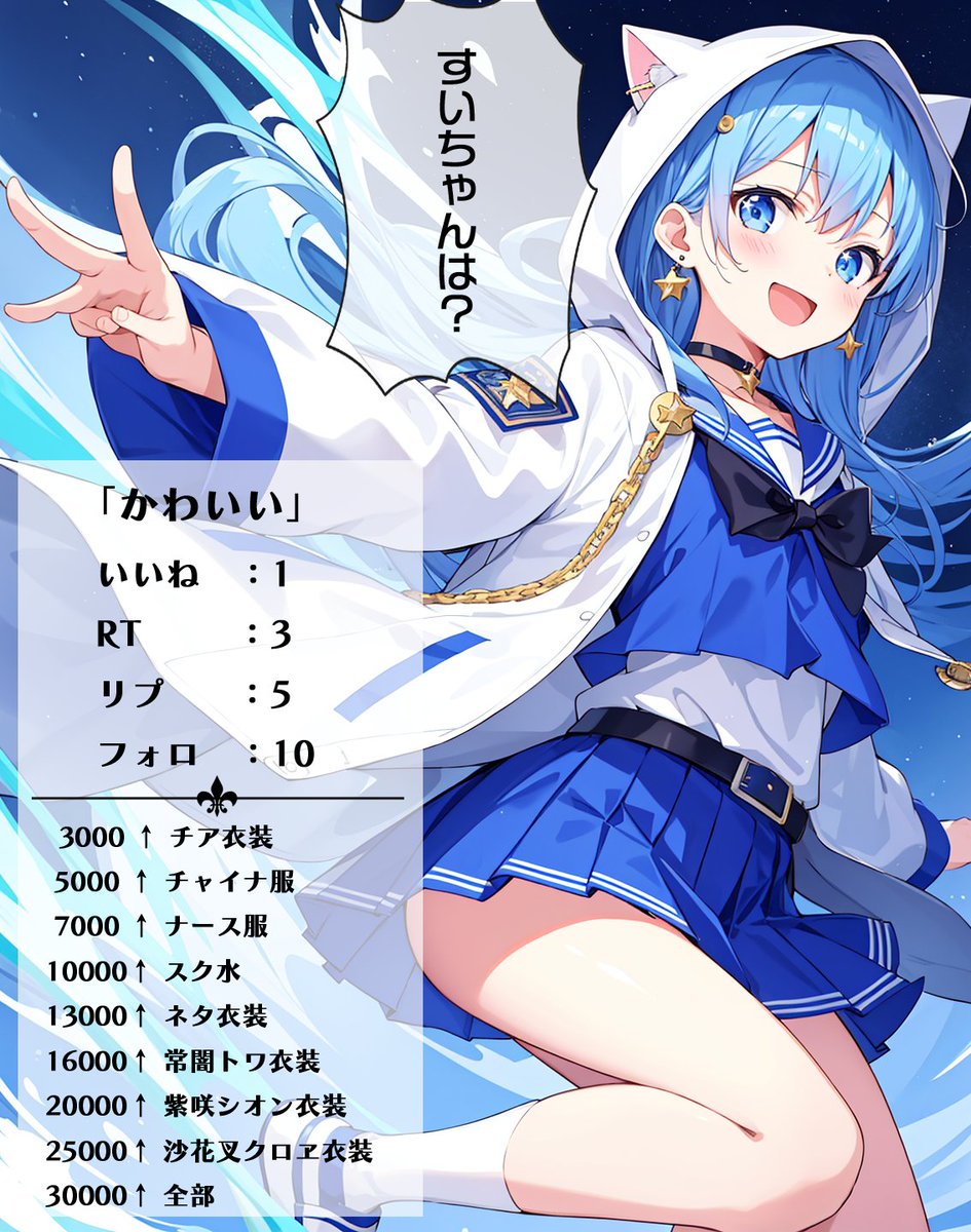 SekAI_AIart's tweet photo. 残りの夏も、かわいいを見て乗り越えよう企画！
すいちゃんに「かわいい」を送って、
「かわいい」の数に応じて
かわいい衣装に変身してもらっちゃおう！

締め切り：8/21 23:59まで
結果発表：8/22

今回は流石に全部はないよね？？？

#ホロライブ #SekAI_AIart https://t.co/xHauJ6xWYc