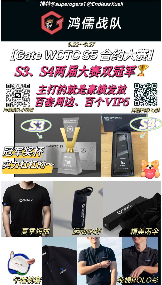 CalmanBTC's tweet photo. 🎁抽5个Gate VIP5、5份Gate周边
👉 转赞评并成功预约报名合约大赛

8️⃣月2️⃣2️⃣号开启合约大赛报名：
https://t.co/wog5L3a4D4
Gate注册：https://t.co/jMsk7MK4Zy

🚀https://t.co/gefvkLIHIJ S5交易��赛来袭！
🚩鸿儒战队，王者归来！🏆
蝉联两届合约大赛双冠军
发放超多周边VIP5的豪横战队——鸿儒战队 https://t.co/DhlxXEwPQN