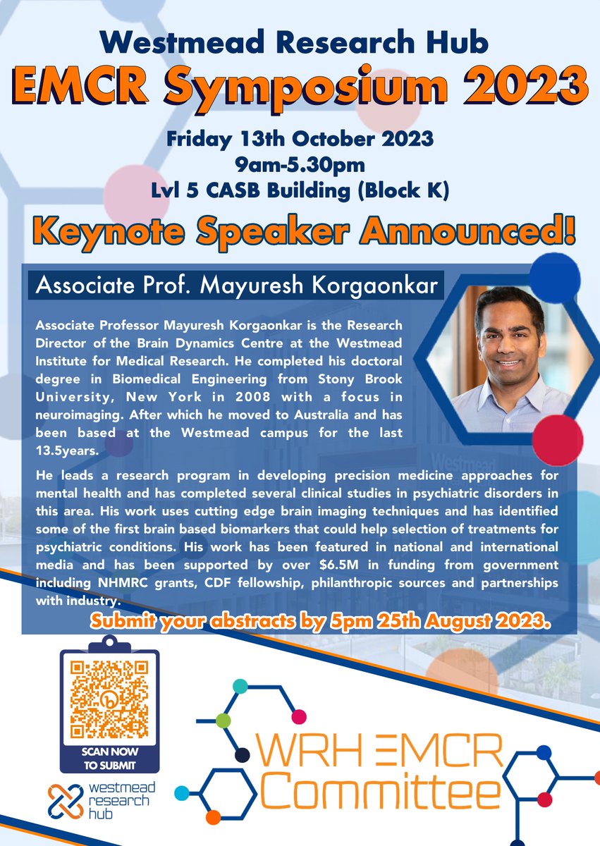 Get ready for some great science! Have you submitted your abstract yet for our annual @WestmeadHubEMCR symposium?  
Be quick, abstract submission closes on the ⏰25th of August! We are excited to announce our first confirmed keynote speaker <a href="/DrMKorgaonkar/">Mayuresh Korgaonkar</a>🧠
