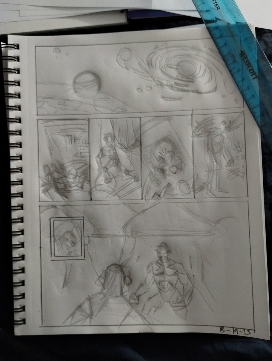 DannyOcchipinti's tweet photo. Joe Kubert correspondence courses 📚 book on Penciling. Lesson 4. "F" Assignment. Layouts are done 👍✅!! I'll transfer it to the book tomorrow. Outer space 🌌🚀👽 Aliens sci Fi stuff. Lol 😂😆 #kubertschool https://t.co/Ff5LxbReoN