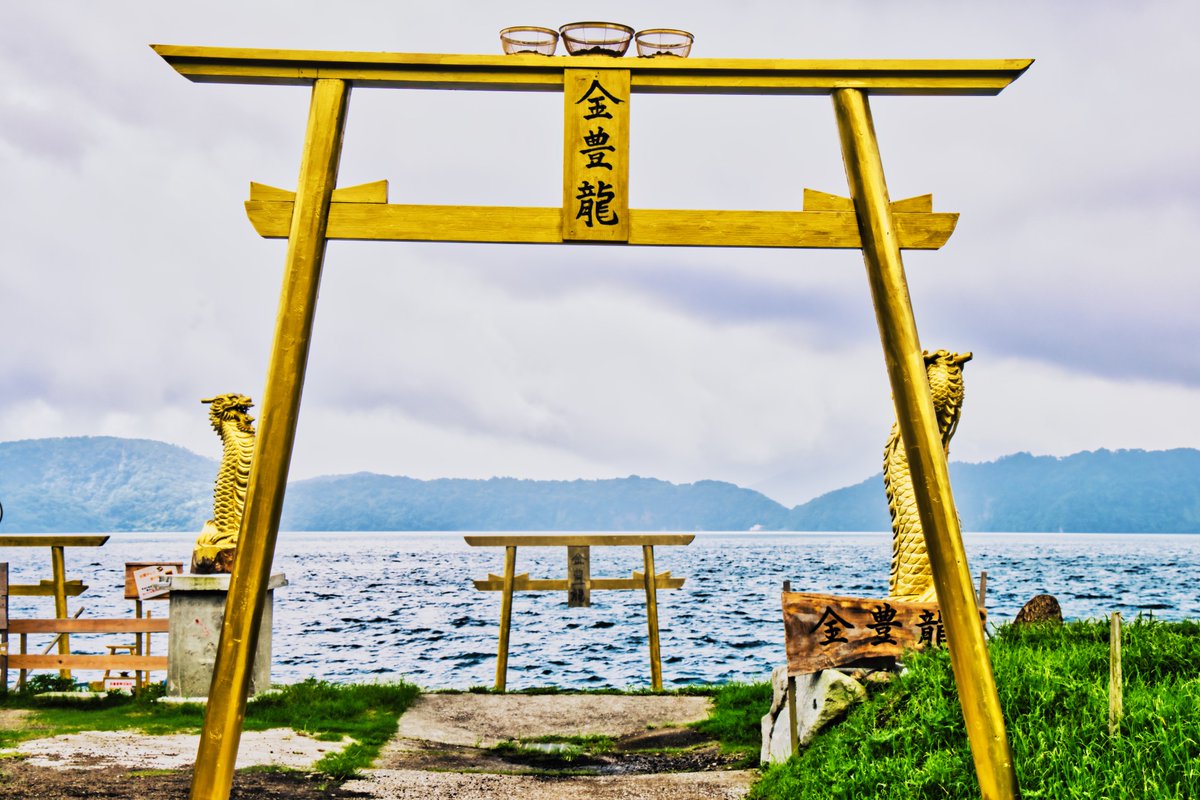 FieldScientist's tweet image. A golden torii gate enshrined on the shore of Lake Ikeda, the largest lake in Kyushu.  Lake Ikeda is said to be inhabited by a giant creature called "Issy. It is not hard to see why.　 
#eosr5 #Rf24105 #Canon #kagoshima #Japan #ikedako #golden #issy #photography