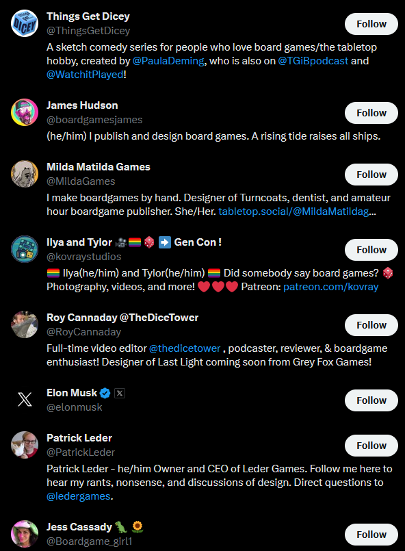 varianthex's tweet image. Follow recommendations: 
board gamer, board gamer, board gamer, board gamer, board gamer, some guy, board gamer, board gamer.

🙄 It&apos;s weird here.