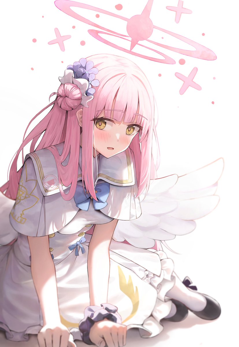 mika (blue archive) 1girl solo pink hair halo long hair yellow eyes wings  illustration images