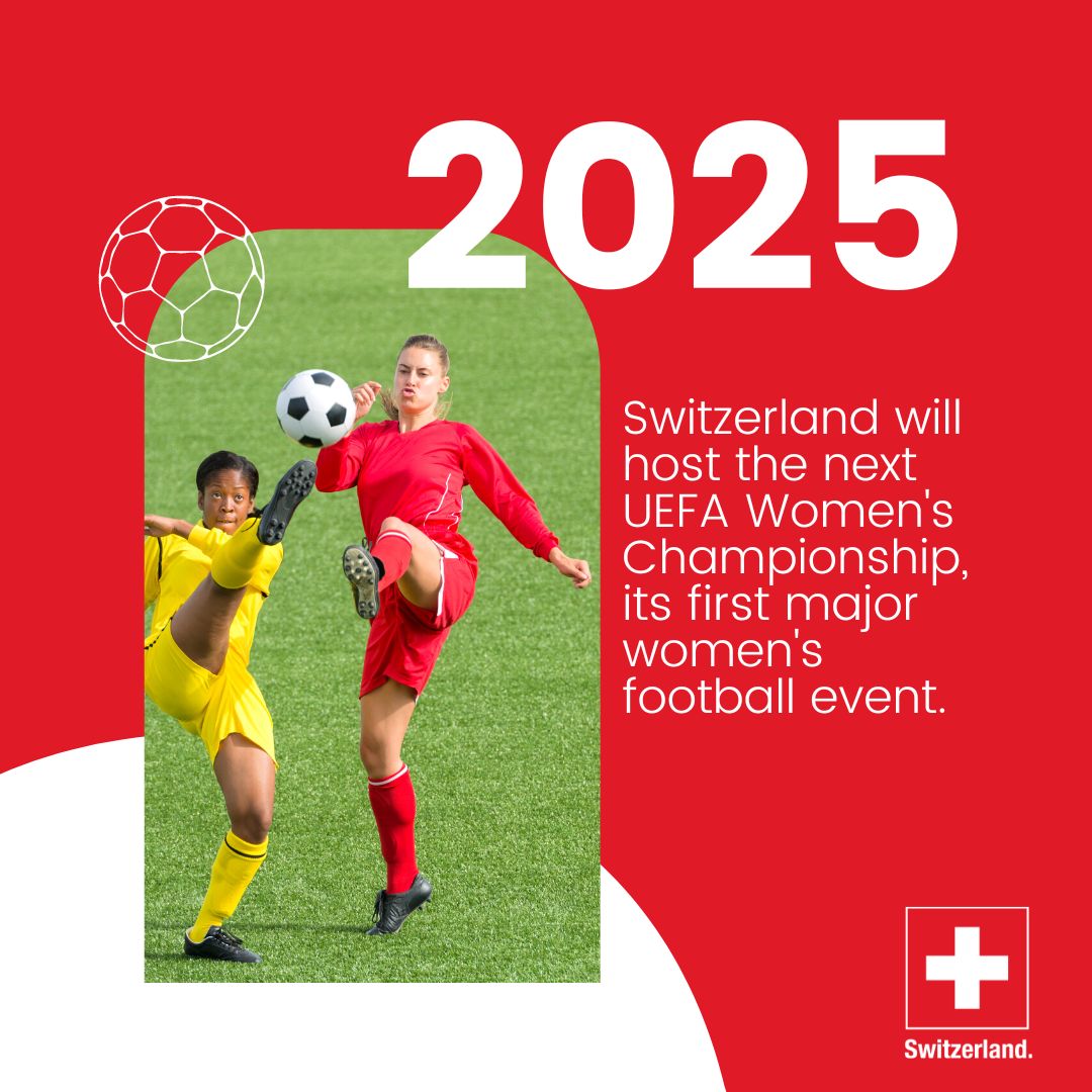 Let's keep talking about women's football! ⚽ 
Mark your calendars: Women’s Euro 2025 will be held in Switzerland and games will be played in the cities of Basel, Bern, Geneva, Lucerne, Sion, St Gallen, Thun and Zurich. 🇨🇭
#FIFAWWC #natimiteuch #lanatiavecvous #lanaticonvoi