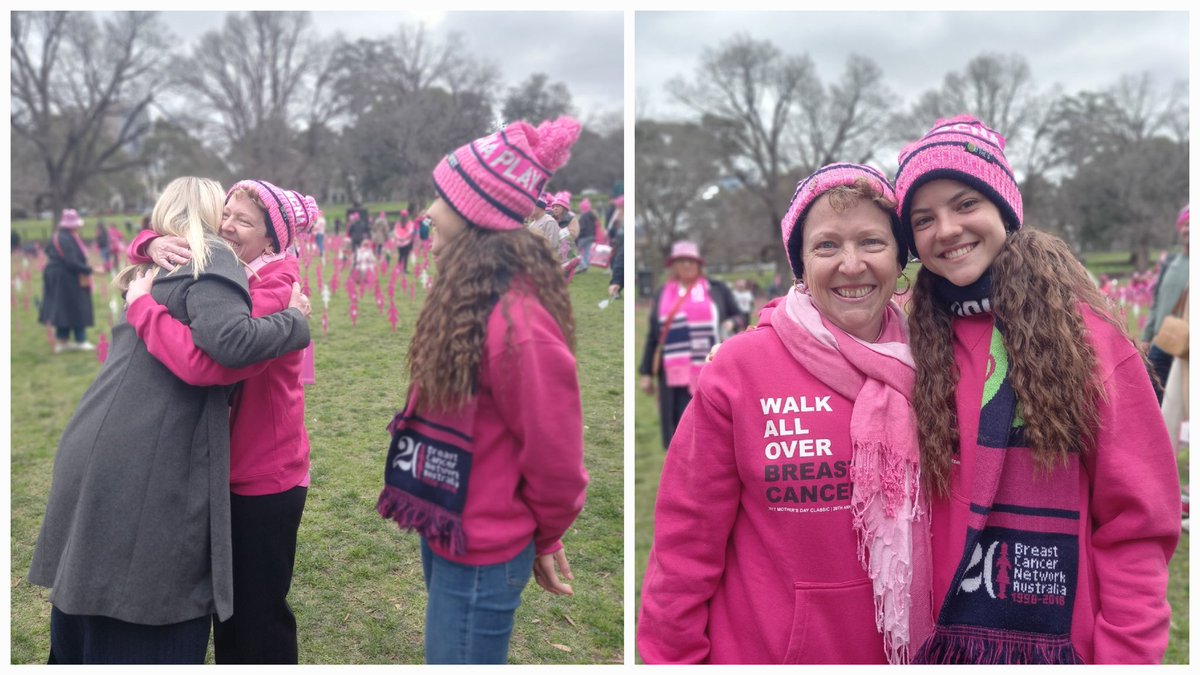 PCarisbrooke's tweet photo. Breast cancer survivor Geraldine has travelled from Darwin with her daughter to stand with 10,000 people on the field at the MCG today. Together they will form the shape of a pink lady in support of people with breast cancer @BCNAPinkLady https://t.co/EmwUKsQP86