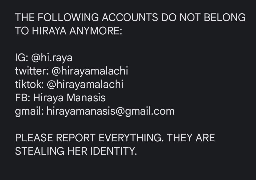 sierraxvi's tweet photo. @hirayamalachi THIS ACCOUNT HAS BEEN HACKED. HIRAYA'S PHONE WAS STOLEN LAST AUGUST 9 AND ALL HER SOCMED ARE BEING USED TO SCAM PEOPLE. DO NOT REPLY TO THIS ACCOUNT. https://t.co/RiMFBtx8pY