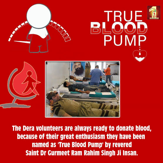 SycooAmu's tweet photo. Thousands of units of blood is being donated time to time by volunteers from DSS in Blood Donation drives to help out sufferers. So Dera Sacha Sauda volunteers  also known as #TrueBloodPump. Salute to Saint MSG Insan  who motivates &amp; inspires all for such works of humanity. https://t.co/bp08PYINym