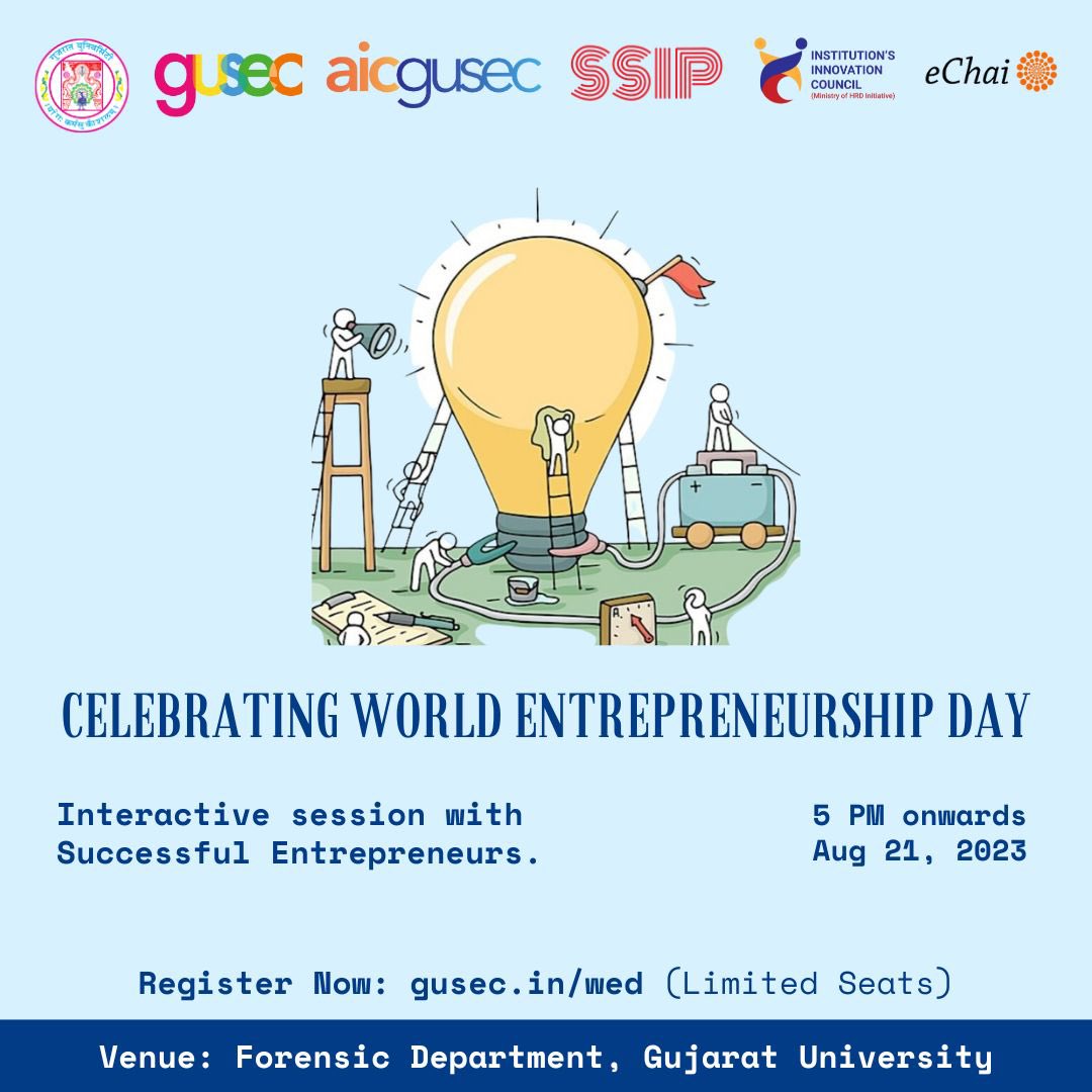 Akshaybabu26's tweet photo. Join Us for World Entrepreneurship Day Celebration! 

📅 Monday, August 21, 2023
🕔 5:00 PM Onwards
📍Forensic Department, Gujarat University

 RSVP Now: https://t.co/wfZkGN0W2T

#WorldEntrepreneurshiDay
#GujaratUniversity https://t.co/SFC6YWCeYv
