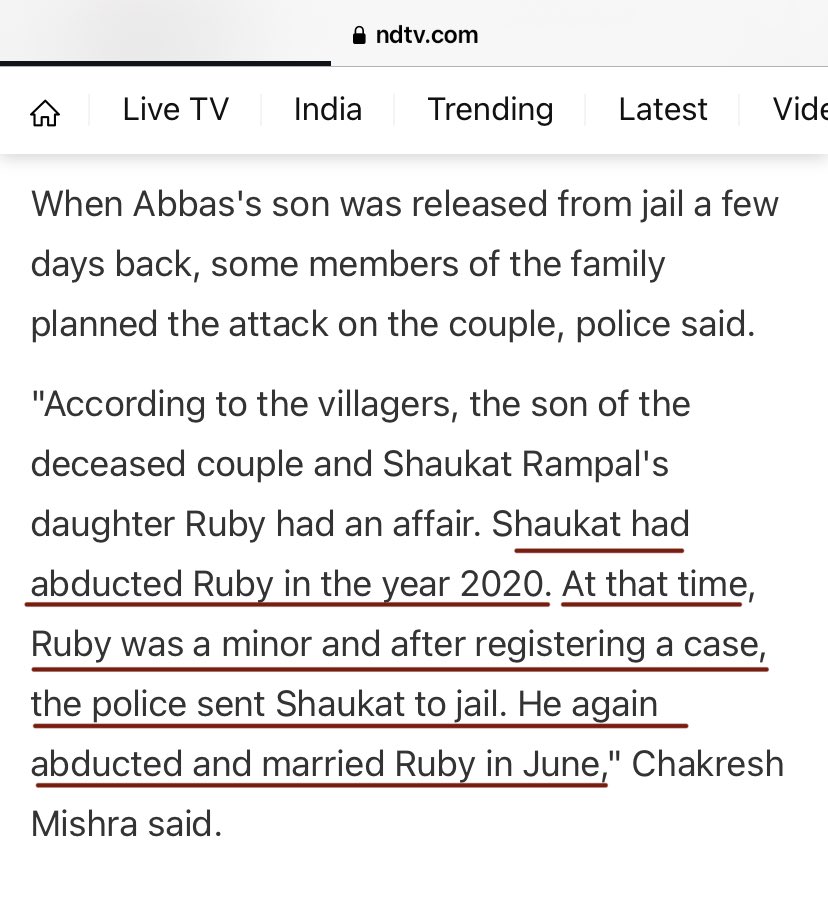 BefittingFacts's tweet photo. Misleading headline by @ndtv

Minor Girl was abducted in 2020 and Shaukat was sent to jail. When he came out of jail he abducted her again.

How long media will keep justifying target of Hindu minor girl by adul muslims? https://t.co/0DaLJ2p6ww