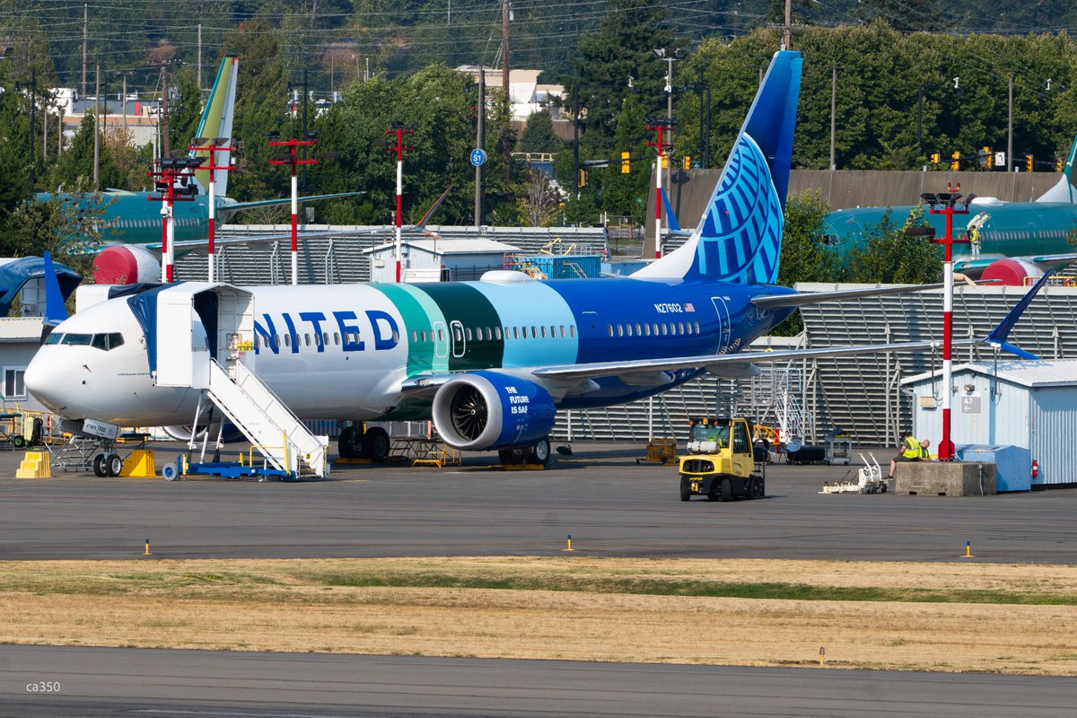 First production 737-10 MAX for <a href="/united/">United Airlines</a> and 4th 737-10 produced overall rolled out from paint shop at RNT with a "The future is SAF" special livery. The livery promotes airline's sustainable aviation fuel program. LN8634/N27602