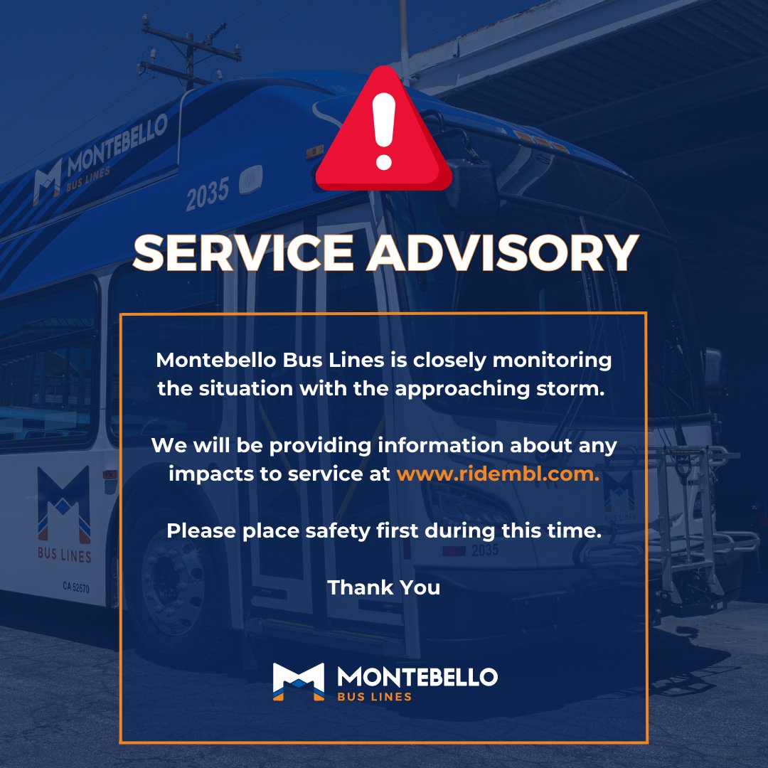 MontebelloBus's tweet photo. We are closely monitoring the situation with the approaching storm. 

Montebello Bus Lines will be providing information about any impacts to service at https://t.co/trUKvMg7Gc, https://t.co/fibKZAGT35 

Please place safety first during this time. https://t.co/Y33Td6dFXU