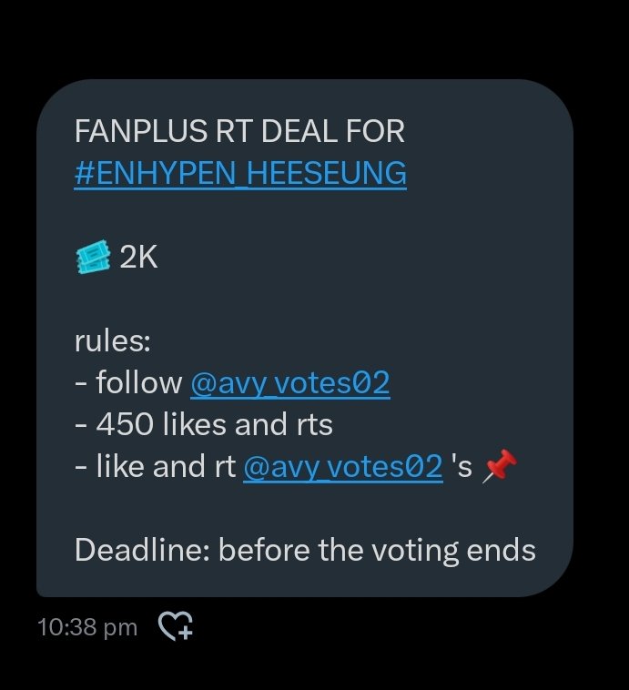dreaminghoon's tweet image. FANPLUS RT DEAL FOR #ENHYPEN_HEESEUNG 

🎟 2K

rules:
- follow @avy_votes02 
- 450 likes and rts
- like and rt @avy_votes02 's 📌

Deadline: before the voting ends
#ENFuelUp #ENVOOSTERS