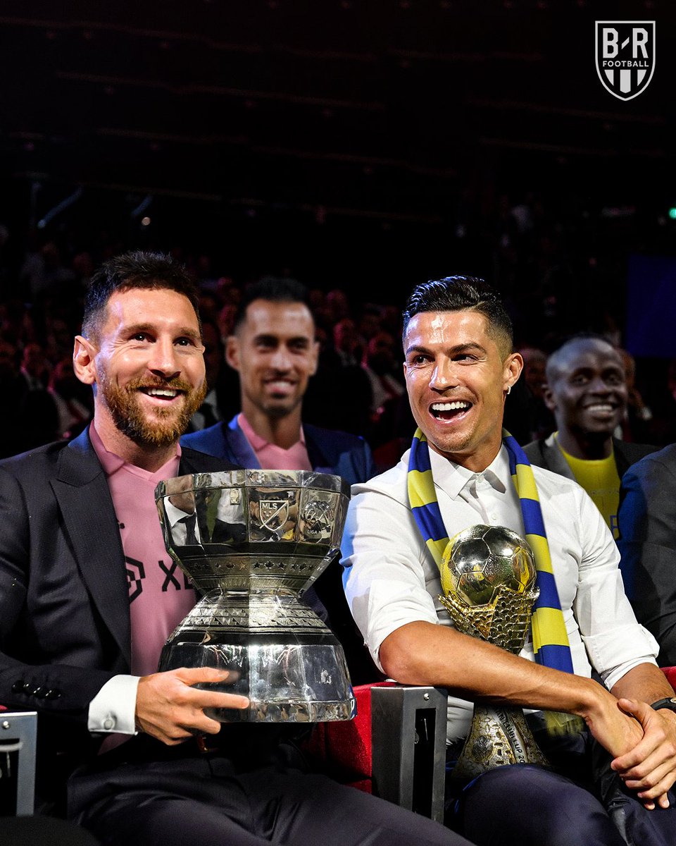 brfootball's tweet photo. In the last week Cristiano Ronaldo won his first trophy with Al-Nassr and Lionel Messi won his first with Inter Miami.   

Of course 🐐🐐 https://t.co/kSRHVztWTY