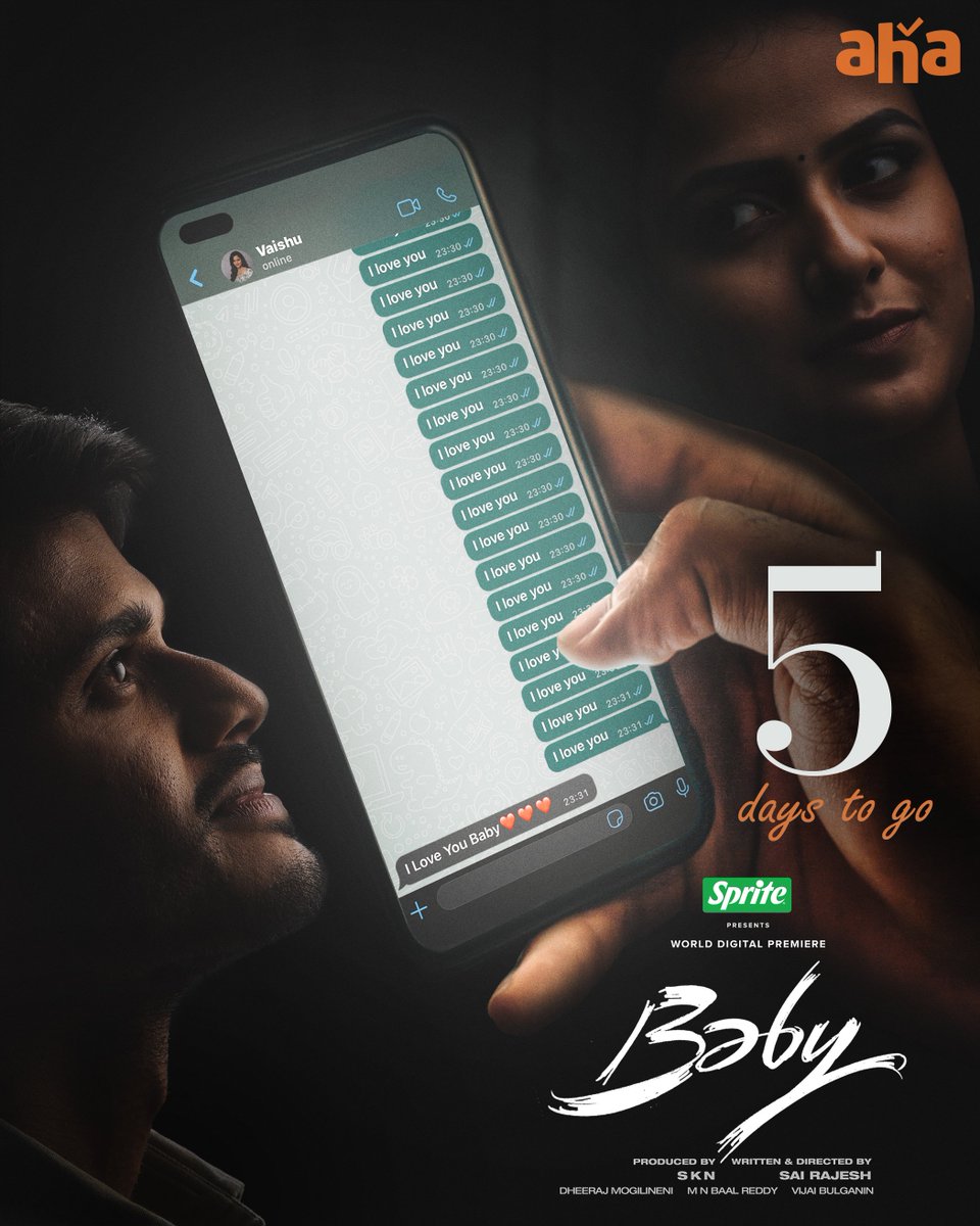 The cult lovestory of the decade #Baby 🌹will stream in just 5 days! #BabyOnAHA premieres August 25. @ananddeverkonda @viraj_ashwin @iamvaishnavi04 #sairazesh @VijaiBulganin @SKNonline @DheeMogilineni @MassMovieMakers @SonyMusicSouth @Sprite #BabythemovieOnAha #BabyTheMovie