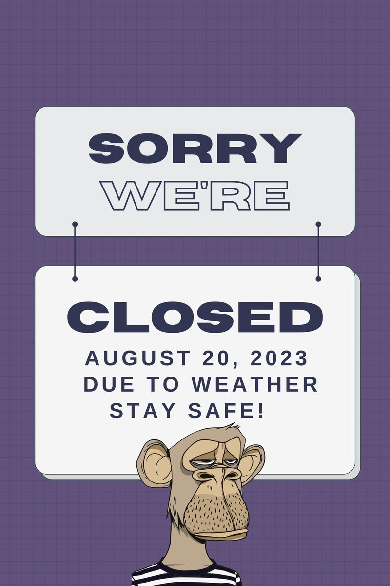 Due to the weather we will be closed tomorrow. If the weather permits we will resume our normal hours on Monday, August 21st. Stay safe friends!