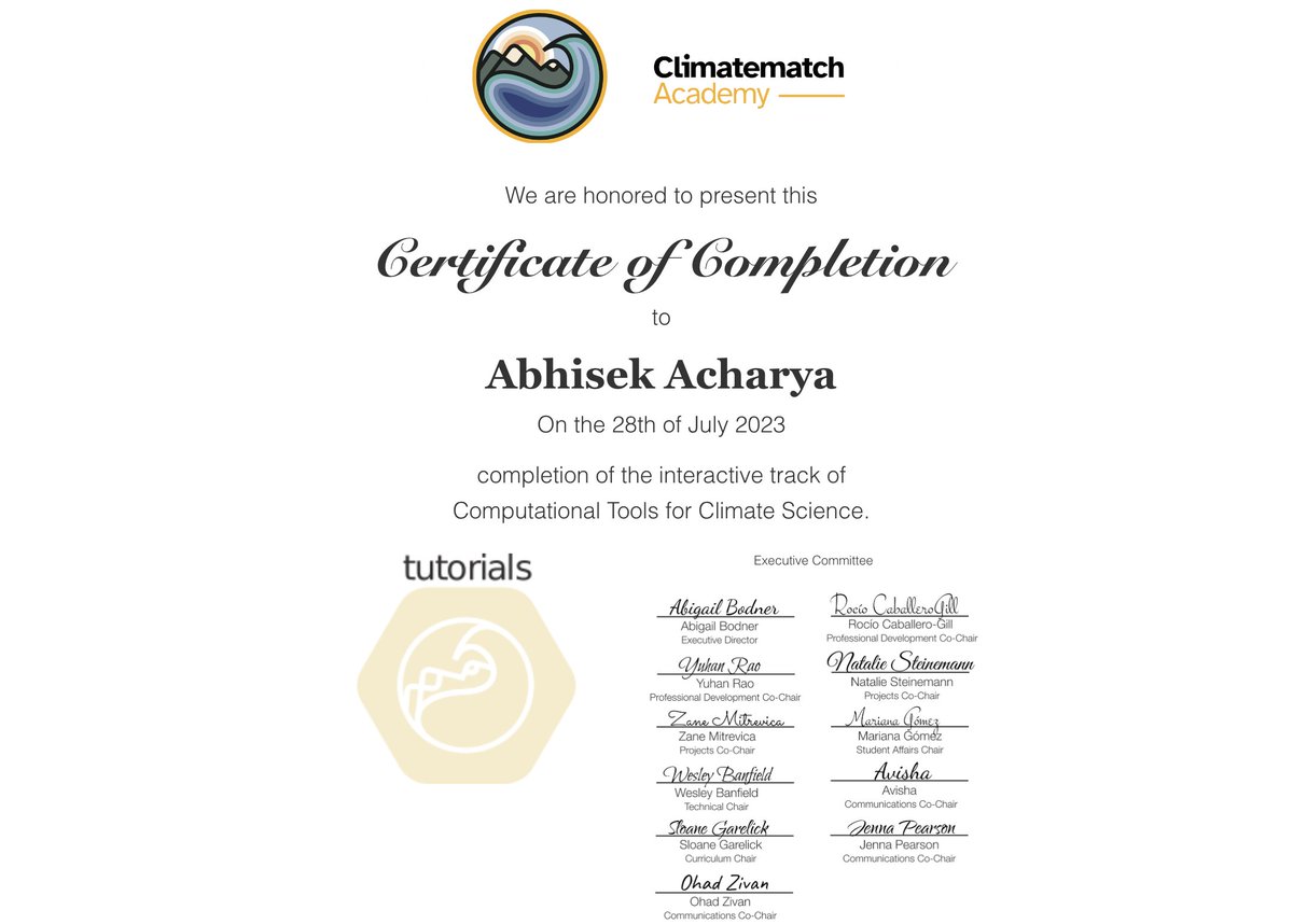 acharya_khagol's tweet image. 🌍 Excited to have completed the two-week interactive track on Computational Tools for Climate Science from Climatematch Academy! 📜🔬 Enhancing my skills to contribute towards understanding and addressing climate challenges. 🌱🚀 #ClimateScience #ComputationalTools