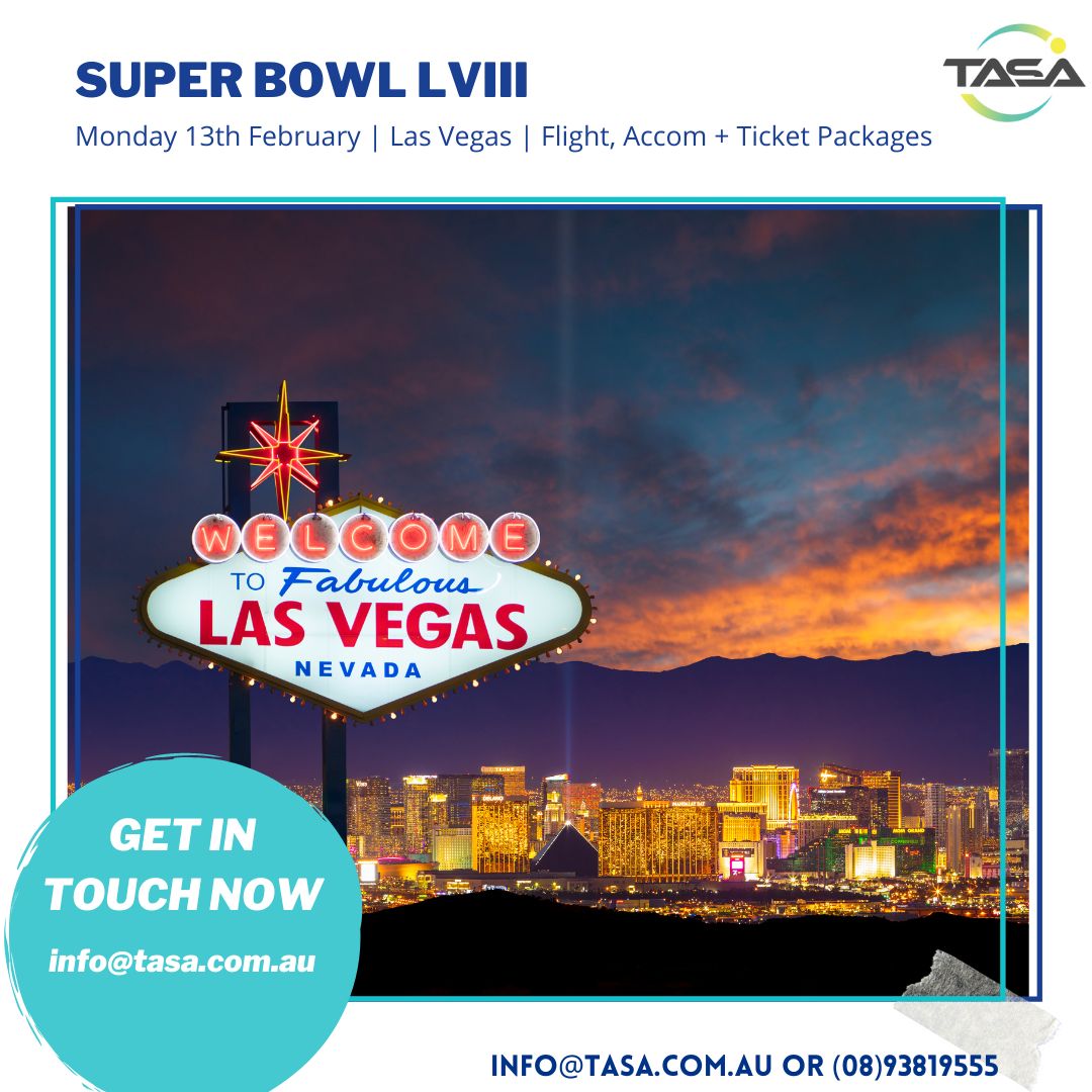 🏈 Touchdown in Vegas for Super Bowl LVIII! 🇺🇸 

Experience the ultimate fusion of sports and entertainment in the iconic Sin City. 🌆✨ 

Reach out for all the details now! ☎️ 1800 33 44 23 📧 info@tasa.com.au 

#NFL #PatrickMahomes #KansasCity #Raiders #Vegas #LasVegas #USA