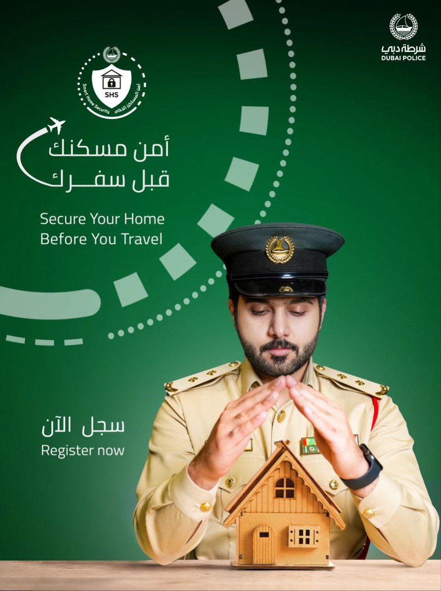 DubaiPoliceHQ's tweet photo. Rest assured, your homes are in safe hands. Take necessary steps to secure your home before traveling by registering for our 'Secure Your Home Before You Travel' service. Click the link to sign up: 

https://t.co/ONFiUdreUJ https://t.co/EoL8ArXb9v