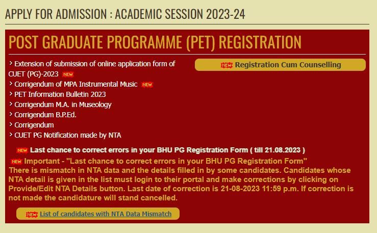 bhupro's tweet photo. #AdmissionUpdate
#PGAdmission
#BHU is providing a final chance to candidates to make corrections who have made errors in their PG Registration Forms in terms of NTA score. Such candidates may login to their portal &amp; make corrections by clicking Provide/Edit NTA Details button.(1) https://t.co/zv4oUU7wL5