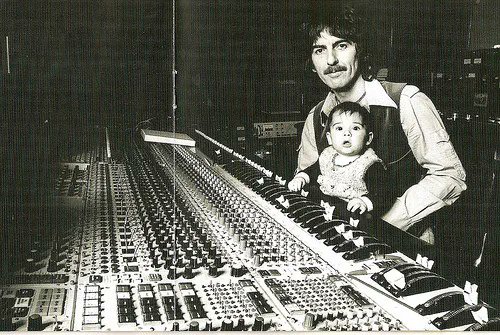 crockpics's tweet photo. George and Dhani Harrison at the mixing console https://t.co/AxT0kwFRtr