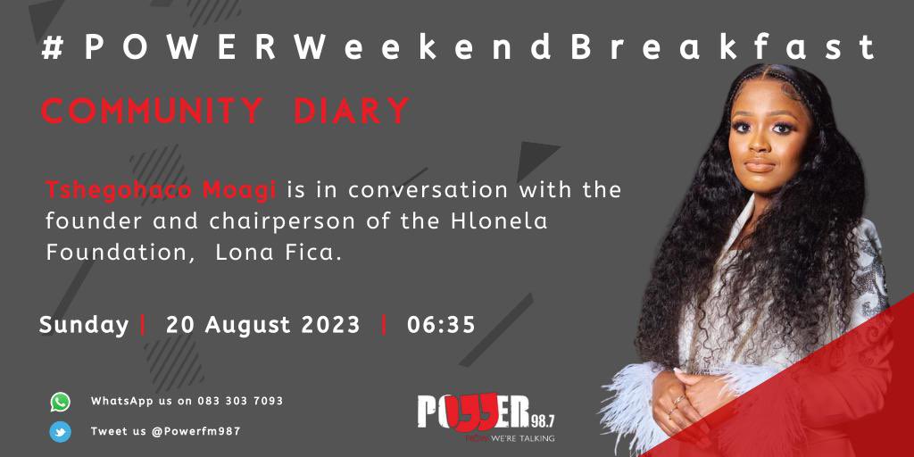 Powerfm987's tweet photo. [ON AIR] #CommunityDiary 

The Hlonela Foundation. @TshegoMoagi_ is in conversation with the founder and chairperson of the Hlonela foundation, Lona Fica.

They assist young girls with toiletries, providing sanitary pads, educating them on feminine hygiene and women empowerment. 

We find out more from Lona. 

#POWERWeekendBreakfast 🎙️