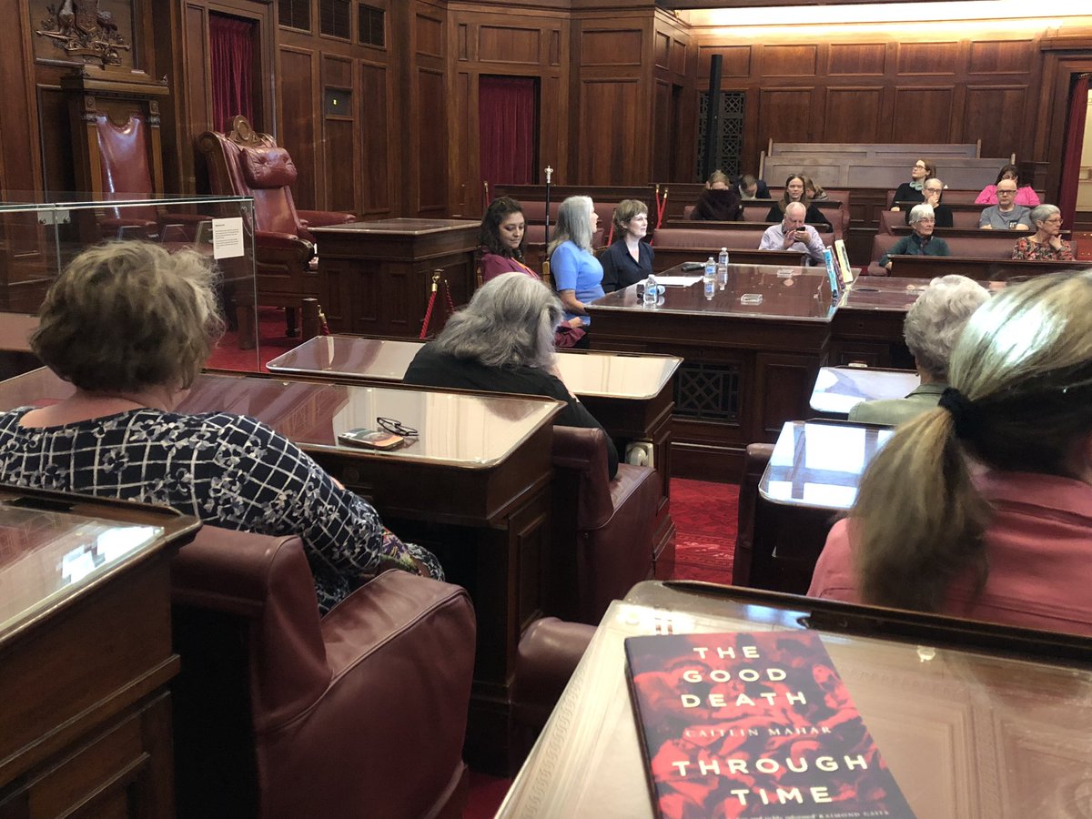 caretailors's tweet photo. Thrilled to see @MaharCaitlin speaking about her awesome book ‘The Good Death Through Time’ at the  @cbrwritersfest @MoAD_Canberra. Great panel with @TraceySpicer and @NeelaJan - thanks for the thought-provoking discussion! #gooddeath https://t.co/qQAVP6pNVt