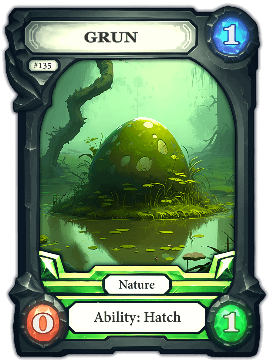 One of the best cards in the <a href="/coombattles/">Follow @ChampionsTCG_</a> $500 free-to-play Open Series tournament is also one of the cheapest cards on the <a href="/HandCashMarket/">HandCash Market Bot</a>!

It's none other than Grun, the green egg. It is the most common egg, yet behind its common guise lies a menacingly powerful game effect.