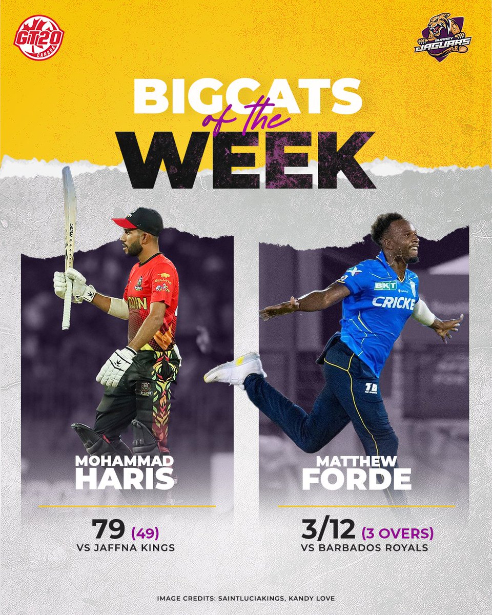 🏏 Mohammad Haris Roaring Louder in LPL! 
🔥 Matthew Forde Showcasing Great Bowling Skills in CPL! 
#LetsRoar #cricketnorth #globalt20canada #BigCats #SurreyJaguars
