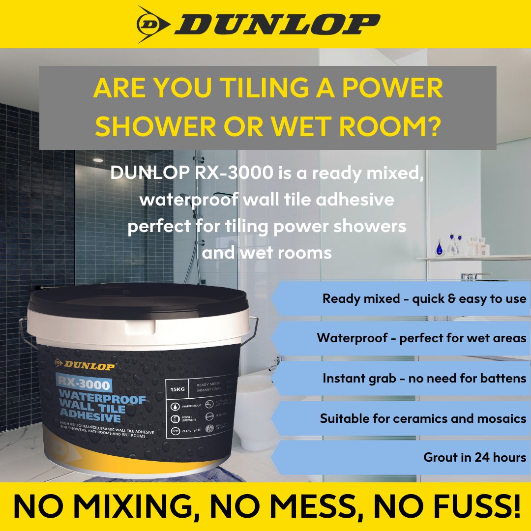 Tiling a power shower or wet room? 🤔 It's quick & easy with Dunlop RX-3000 Waterproof Wall Tile Adhesive! 💨👇

NO MIXING, NO MESS, NO FUSS! 👍

Watch the video 🎥
youtu.be/Gn5cCJVLEDQ

#tiling #readymixed #adhesive #tilingtips #tileinstallation #hasslefree