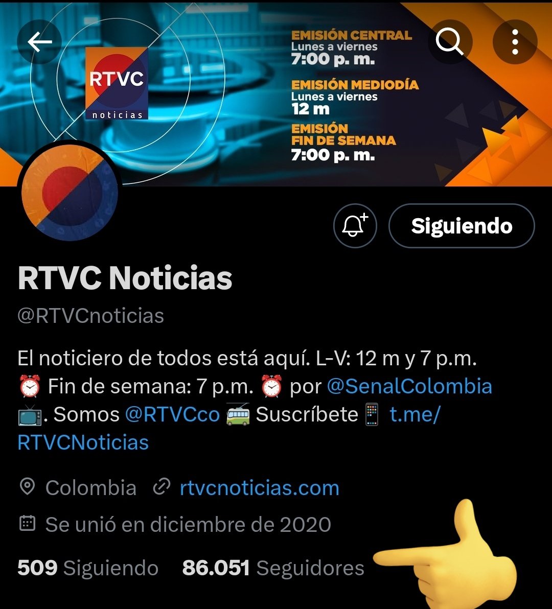 .<a href="/RTVCnoticias/">RTVC Noticias</a> tiene 86.051 seguidores, les propongo que nos juntemos para que llegue en una semana a un millón de seguidores.

#YoSigoARTVCNoticias 

Entre dale seguir y comparte.
👇
<a href="/RTVCnoticias/">RTVC Noticias</a>