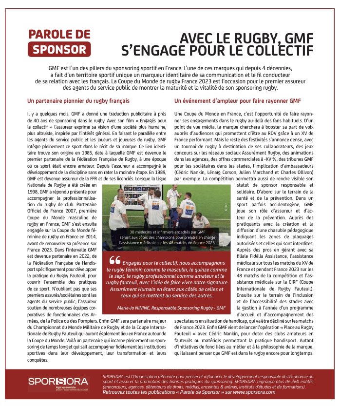 Merci @Sporsora et <a href="/lequipe/">L'Équipe</a> pour cette mise en lumière de <a href="/GMF_assurances/">GMF</a> et de son engagement dans le rugby <a href="/France2023/">Rugby World Cup France 2023</a> #EngagesPourLeCollectif 
Vivement le 8 septembre et allez les Bleus 🇫🇷