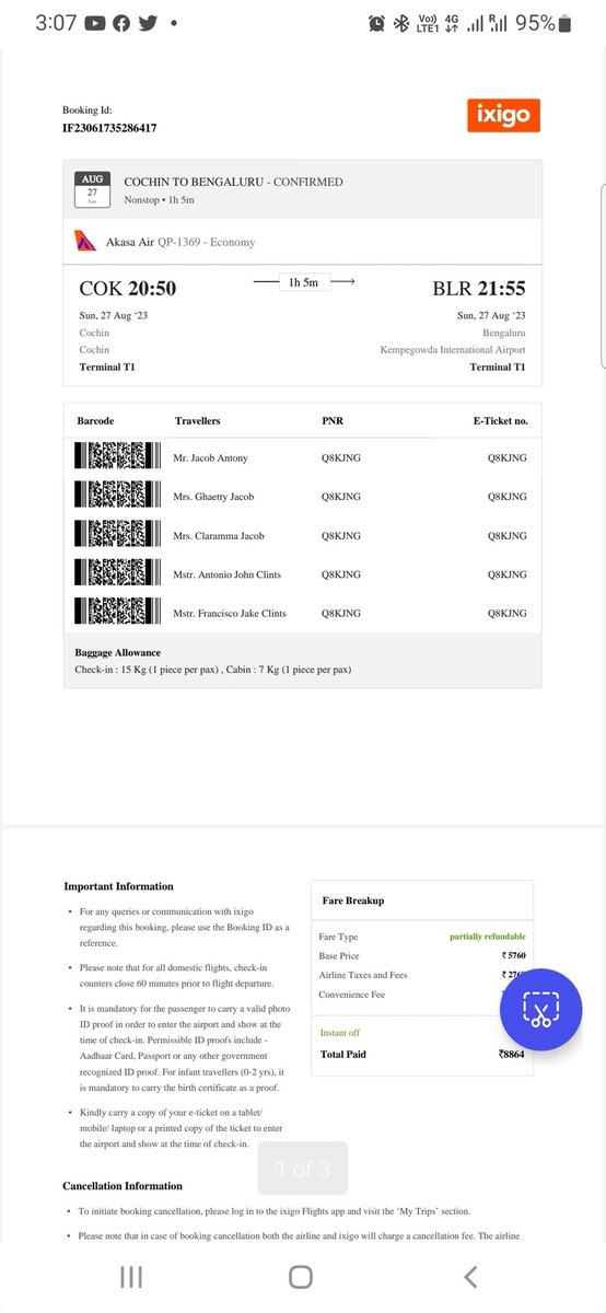 clintsman's tweet image. I was booked 5 flight tickets to Bangalore from kochi for 27th aug. Unfortunately I opted akasa air economy class. It was a  dream for my father in law &amp;amp;mother in law to have their first fly. But without any clarification they cancelled the flight.Unable 2connect customer care.