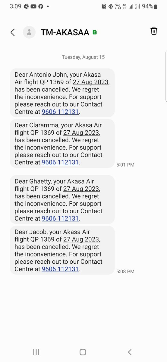 clintsman's tweet image. I was booked 5 flight tickets to Bangalore from kochi for 27th aug. Unfortunately I opted akasa air economy class. It was a  dream for my father in law &amp;amp;mother in law to have their first fly. But without any clarification they cancelled the flight.Unable 2connect customer care.