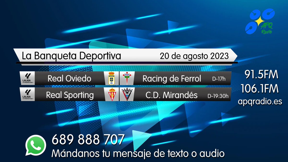 Tarde de fútbol en La Banqueta Deportiva. A las 17h: <a href="/RealOviedo/">Real Oviedo</a> - <a href="/racingferrolsad/">Racing Club Ferrol</a>, con <a href="/PacoGranda/">Paco Granda</a> y <a href="/Vicent_Alonso/">Vicente Alonso</a> y a las 19:30h <a href="/RealSporting/">Real Sporting</a> - <a href="/CDMirandes/">Club Deportivo Mirandés</a> con <a href="/pelayoAR10/">Pelayo Alijostes</a>. 91.5 - 106.1FM, apqradio.es y en nuestra app para Android.