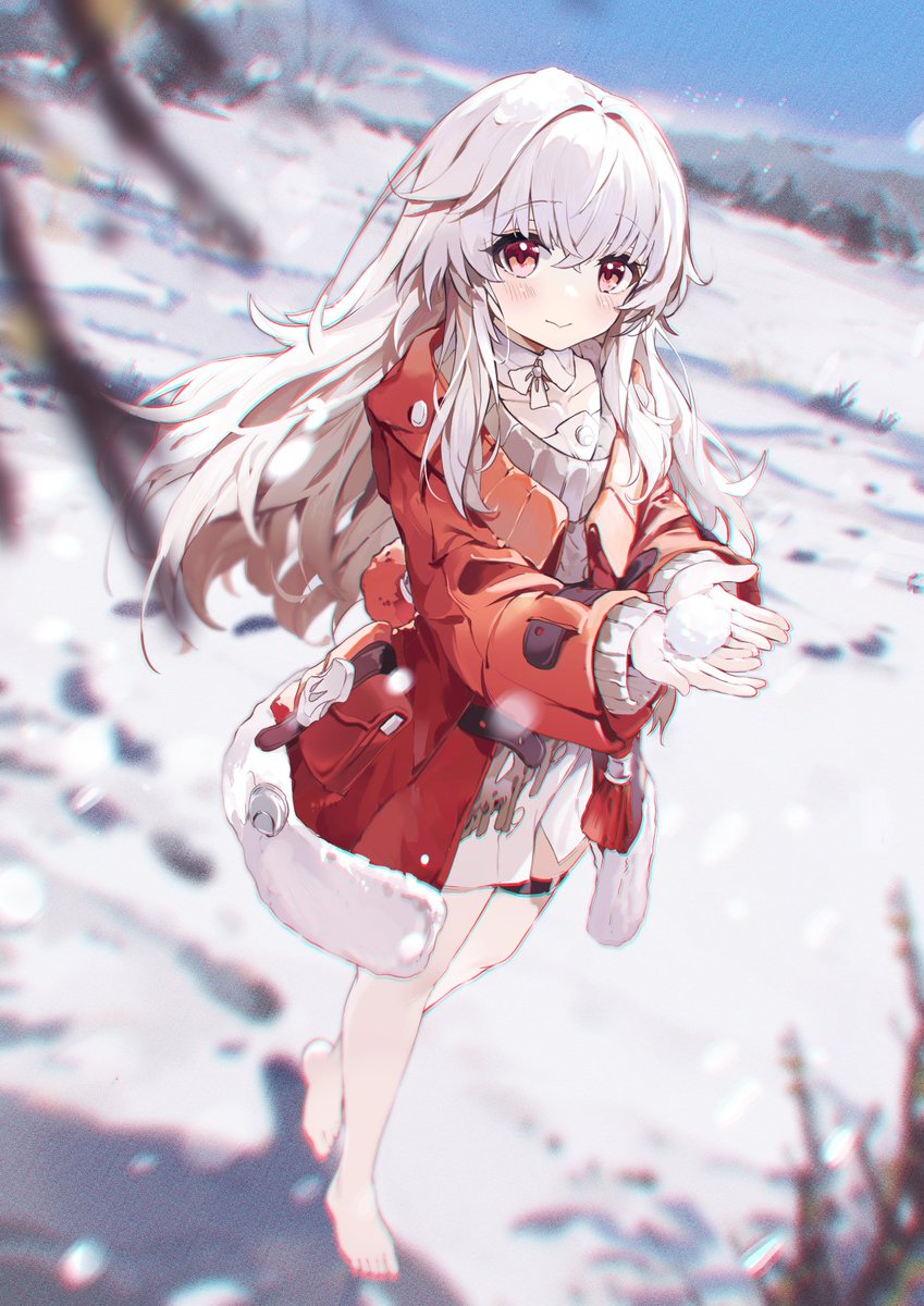1girl solo barefoot long hair snow outdoors white hair  illustration images