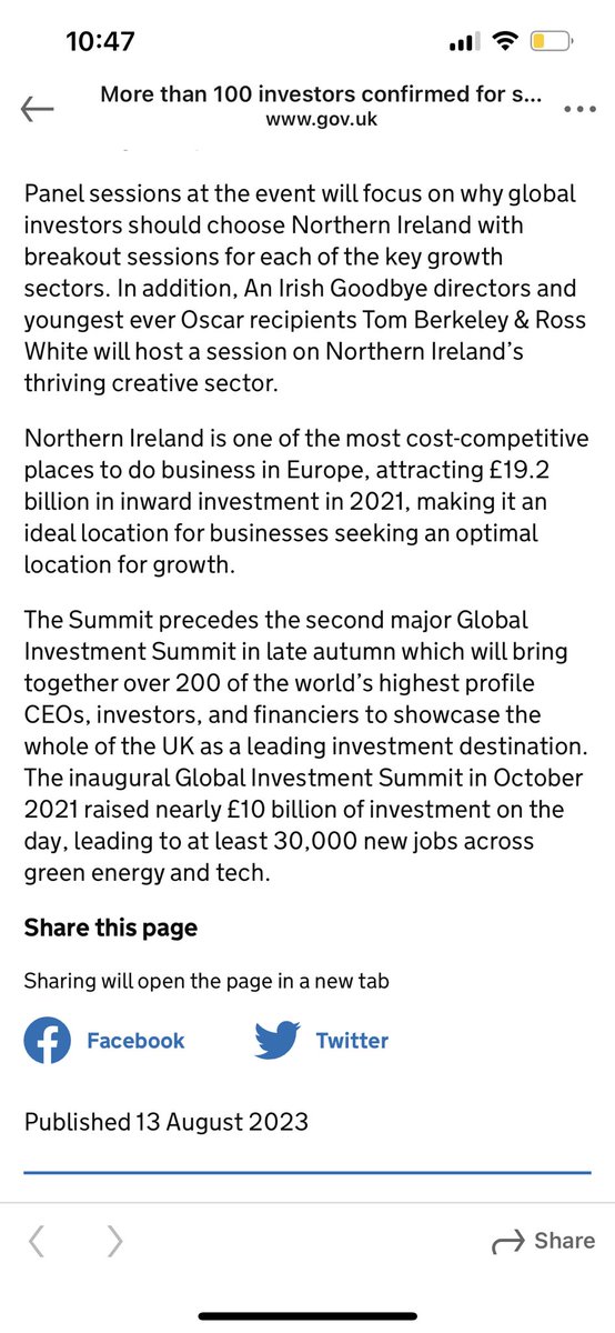 Just looking at <a href="/NIOgov/">Northern Ireland Office</a> pr on the forthcoming investment summit..two figs I hadn’t seen before - NI ‘attracted’ £19.2bn of (new?) inward investment in 2021 - evidence? And the 2021 UK Global Investment Summit raised £10bn &amp; created 30,000 new jobs - how many in NI? <a href="/JP_Biz/">JPCampbellBiz</a>