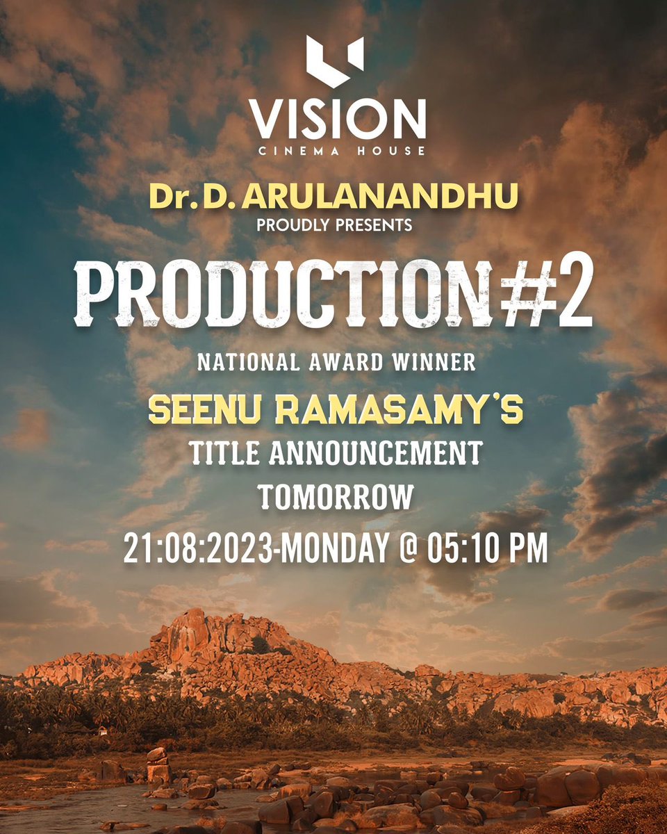 vchproduction's tweet photo. Vision Cinema House proudly presenting Production #2 Written and Directed by National Award Winner "Seenu Ramasamy". Revealing the title tomorrow 21.08.2023 Monday by 5.10pm.
@seenuramasamy
@vchproduction
@thisismathewo
@onlynikil
#vchproduction
#seenuramasamy https://t.co/Ev197YSy81