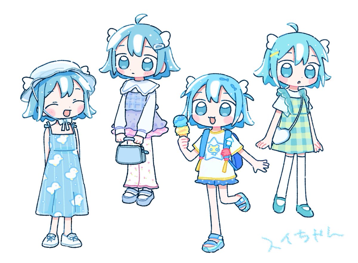 1girl ice cream cone dress bag holding blue hair blue footwear  illustration images