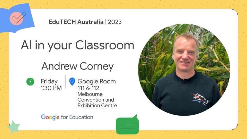 Getting near to finishing my presentation on AI in your Classroom for the @GoogleforEdu Teaching Theatre sessions at #EduTECH2023. I'll do my best to get it sorted @mistersill 🤔. See you in room #111 & 112! goo.gle/EduTECHAustral…