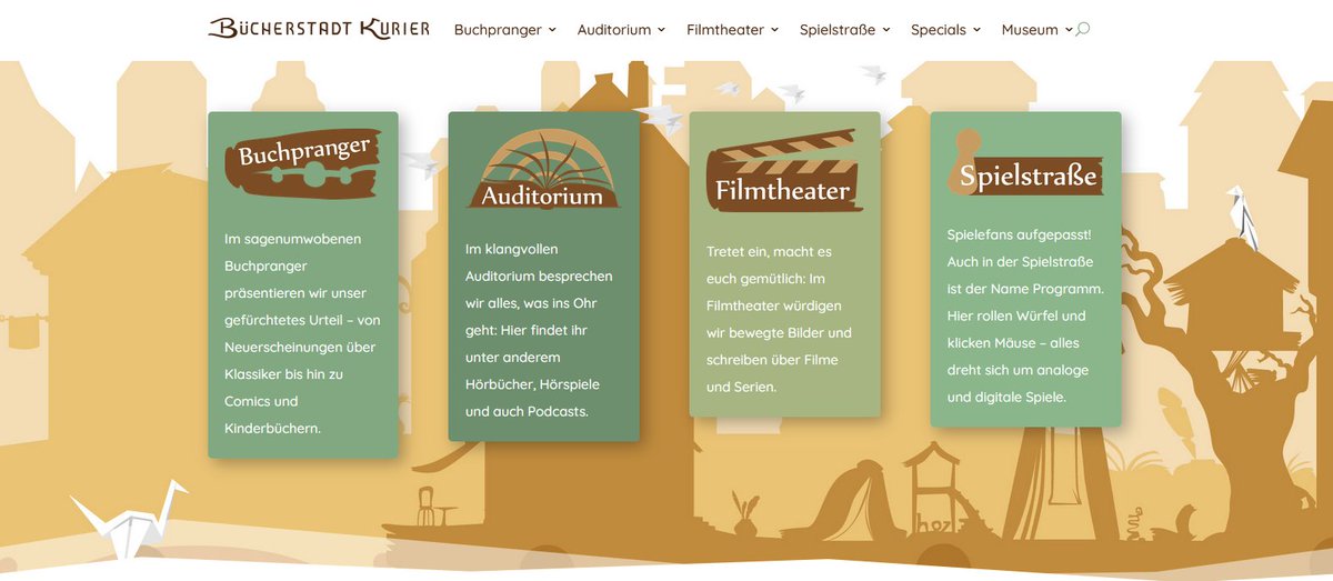 Liebe Bücherstädter*innen, Stadtbesucher*innen und Literaturbegeisterte, der Bücherstadt Kurier ist nun endlich wieder online und ihr seid alle herzlich eingeladen, euch in den verschiedenen Gebäuden und Straßen umzuschauen! Folgt diesem Wegweiser: buecherstadtkurier.com