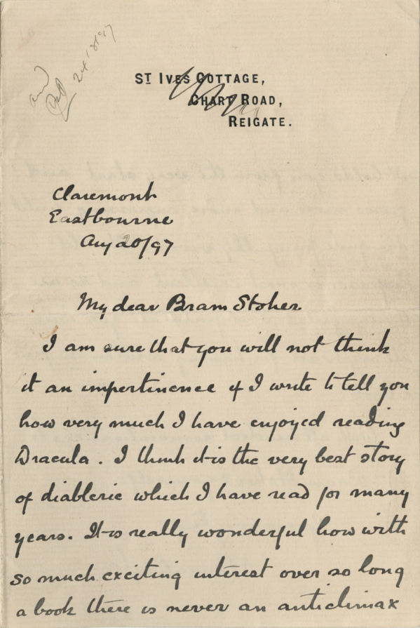 DoingsofD's tweet image. OTD in 1897, #ArthurConanDoyle wrote to #BramStoker to congratulate him on #Dracula.