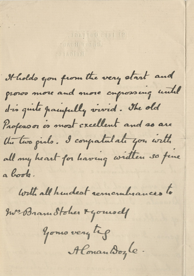 DoingsofD's tweet image. OTD in 1897, #ArthurConanDoyle wrote to #BramStoker to congratulate him on #Dracula.